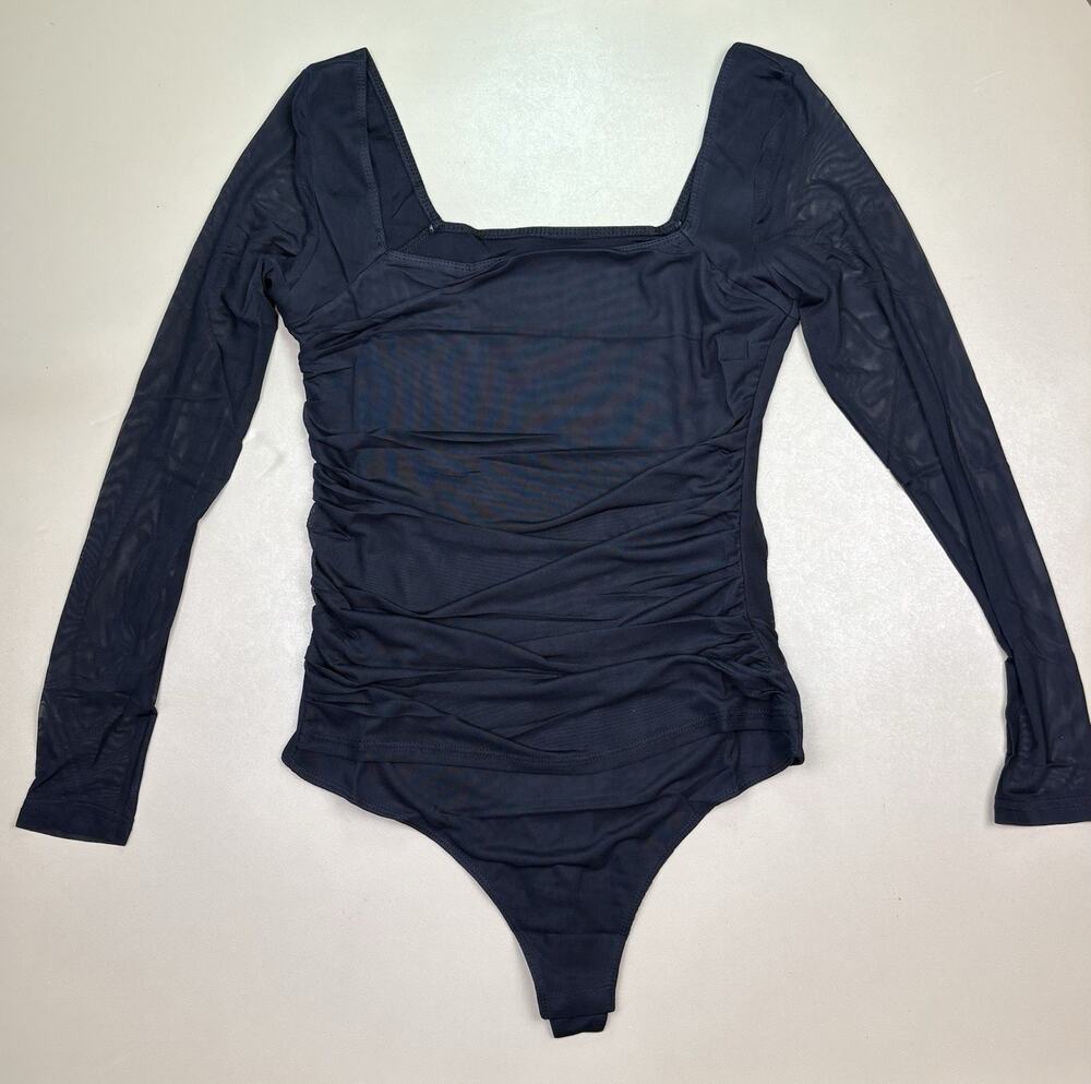 Womens Black Mesh Bodysuit Long Sleeve Ruched Square Neck Stretch M